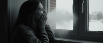 Человек замерзает от сквозняка из закрытого пластикового окна в холодный день.