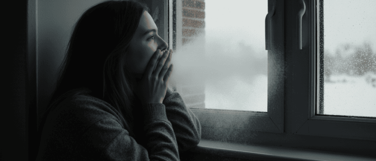 Человек замерзает от сквозняка из закрытого пластикового окна в холодный день.