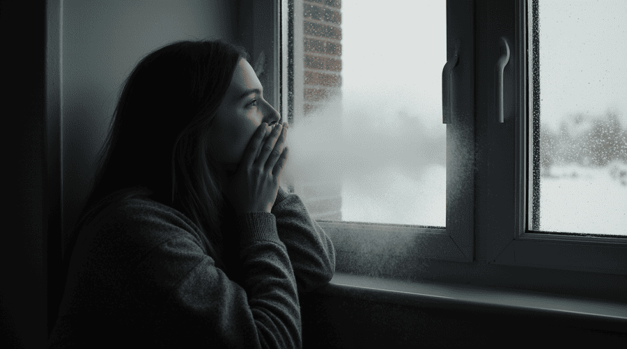 Человек замерзает от сквозняка из закрытого пластикового окна в холодный день.
